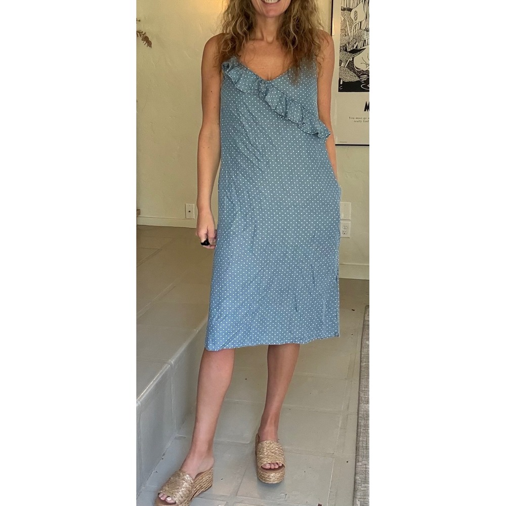 Velvet Heart Blue Polka Dot Tencel Ruffle Midi Dress Small